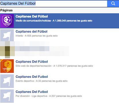 Una busca por ‘”Capitanes del Fútbol” mostra a página com mais de um milhão de seguidores, e outras com o mesmo nome que já foram eliminadas.