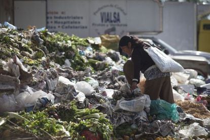Mulher busca restos de alimentos na Cidade do México.
