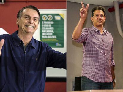 Bolsonaro e Haddad após votarem neste domingo.