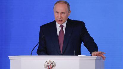 O presidente russo, Vladimir Putin, pronuncia o seu discurso anual sobre o estado da nação