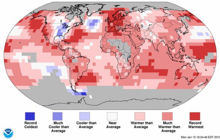 Recordes de calor (vermelho) e de frio (azul) em 2014.