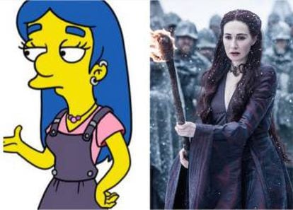 À esquerda, o personagem de ‘Os Simpsons’ inspirado em Melisandre (Carice Van Houten) criado pelos roteiristas da série. À direita, Melisandre apronta das suas em ‘Game of Thrones’