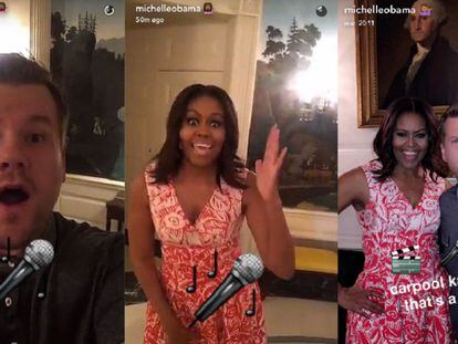 Capturas do Snapchat de Michelle Obama, nas quais a primeira dama do EUA aparece ao lado do apresentador James Corden.