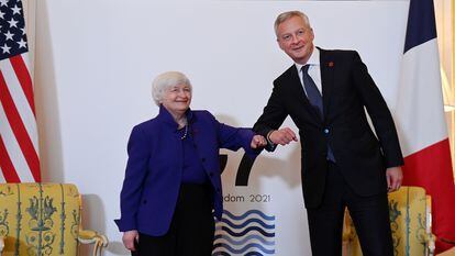 A secretária do Tesouro dos EUA, Janet Yellen, e o ministro da Economia da França, Bruno Le Maire, na reunião do G7.