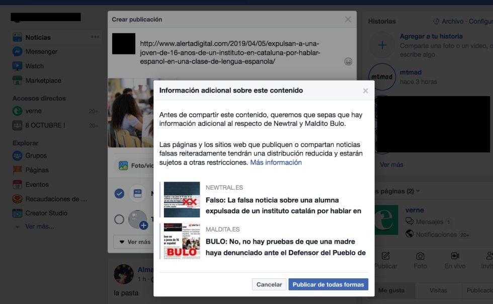 O aviso do Facebook quando se tenta compartilhar um link identificado como mensagem falsa.
