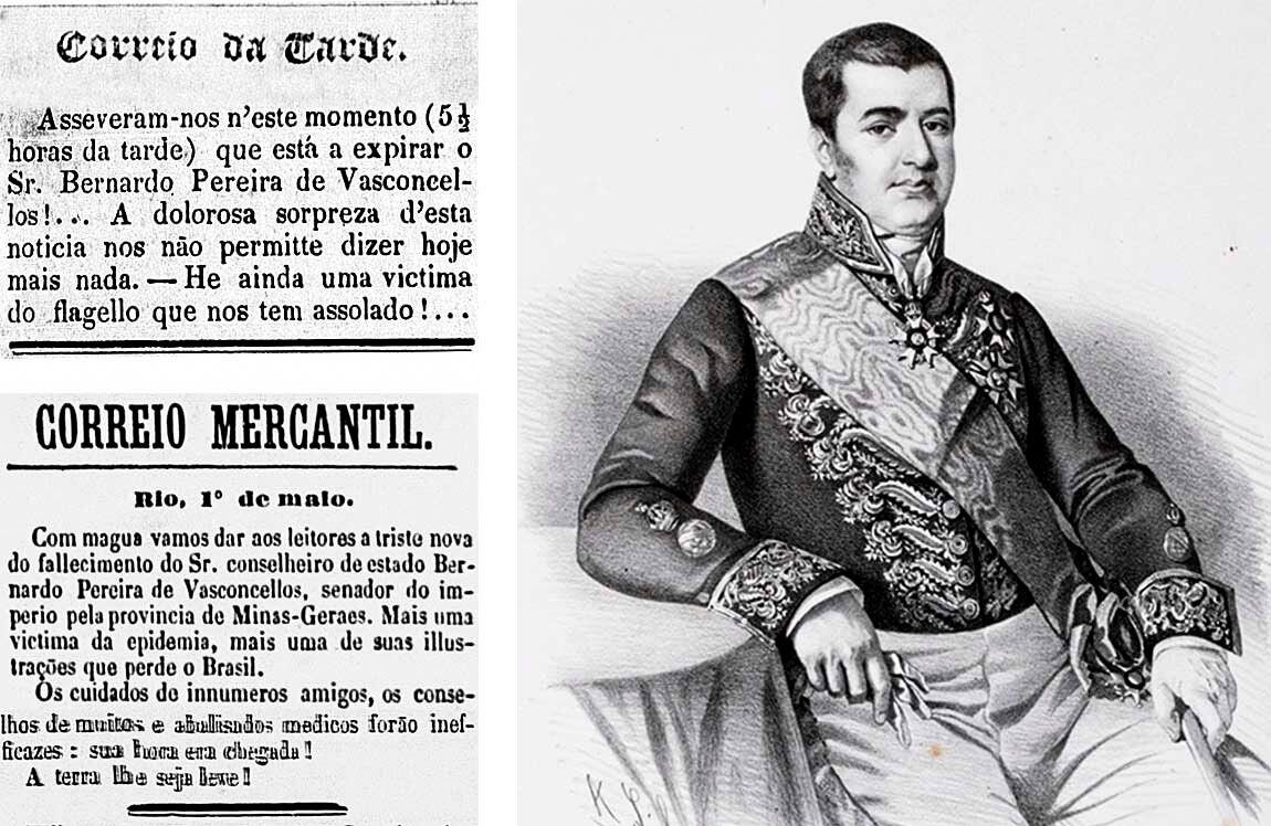 Jornais noticiam em 1850 a morte do senador Bernardo Pereira de Vasconcellos, vítima da febre amarela.