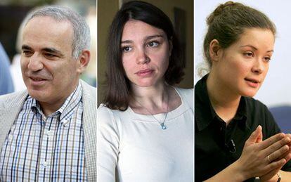 O jogador de xadrez Gari Kasparov (esq.); a jornalista Zhana Nemtsov (c) e a ativista María Gaidar.