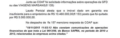 Trecho do relatório final do inquérito sobre o banco Safra com destaque para a ausência de comunicação do banco ao COAF.