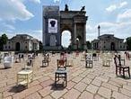 Empty chairs are displayed in front of Arco della Pace as part of a protest organised by restaurateurs, following the coronavirus disease (COVID-19) outbreak, in Milan, Italy, May 6, 2020. REUTERS/Flavio Lo Scalzo