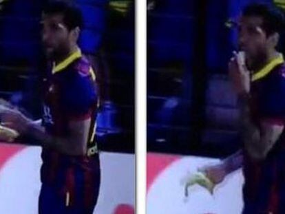 Imagem televisiva do momento em que Alves recolhe e come a banana.