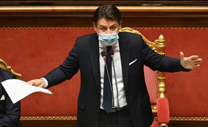 O primeiro-ministro italiano, Giuseppe Conte, durante seu discurso nesta terça-feira no Senado.