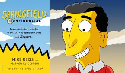 Capa da edição espanhola, intitulada ‘Springfield Confidencial’, e caricatura do roteirista Mike Reiss.