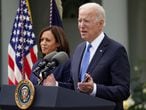 FILE PHOTO: U.S. President Joe Biden, accompanied by Vice President Kamala Harris, speaks about the coronavirus disease (COVID-19) response and the vaccination program from the Rose Garden of the White House in Washington, U.S., May 13, 2021. REUTERS/Kevin Lamarque/File Photo
