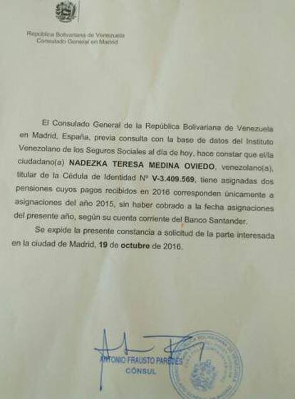 O Consulado de Venezuela em Madri acedeu a certificar que os aposentados não estão recebendo os pagamentos correspondentes a 2016.