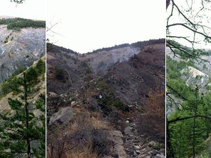As autoridades distribuem por meio da agência Reuters imagens da zona do acidente. Na foto da esquerda aparecem os efeitos do impacto.