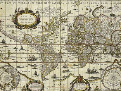 Um mapa-múndi do século XVII, quando não existia futebol.