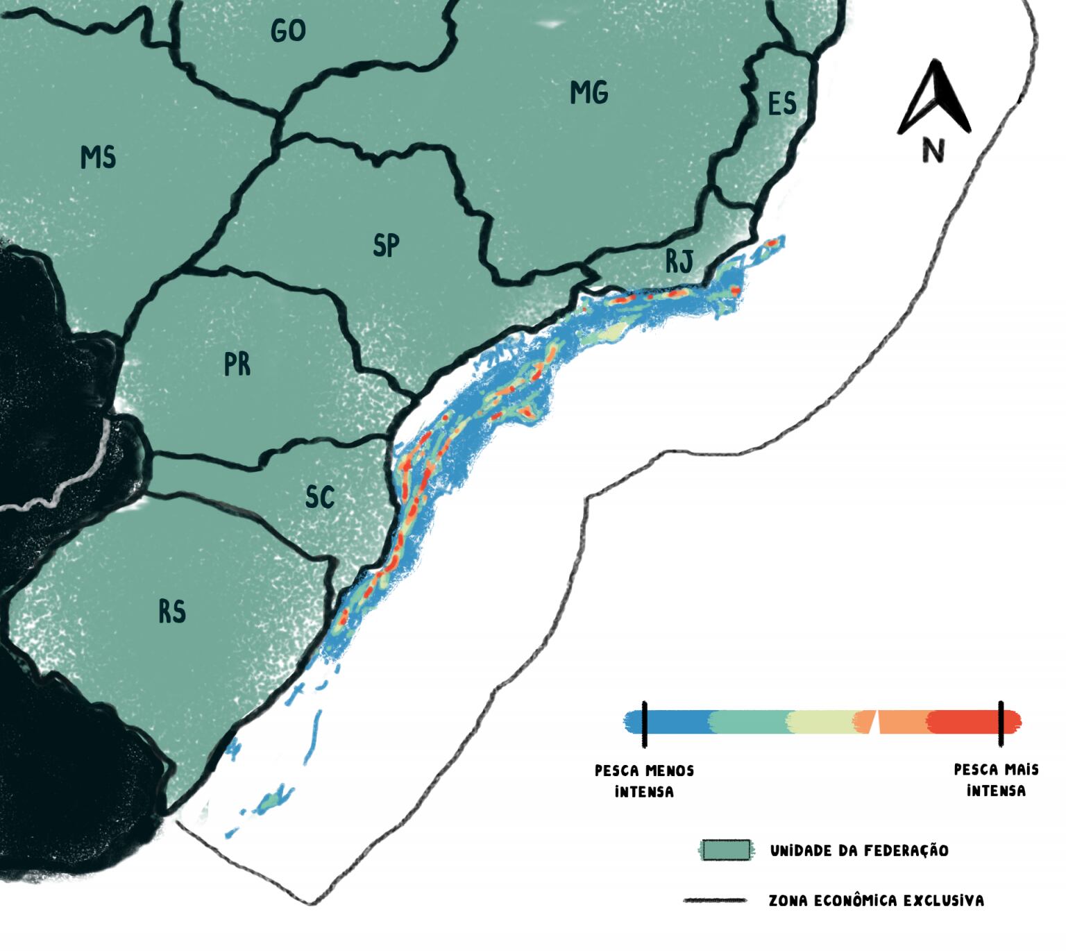Áreas mais (vermelho) e menos (azul) usadas por barcos de arrasto no litoral das regiões Sul e Sudeste. Fonte: Programa Nacional de Rastreamento de Embarcações Pesqueiras por Satélite / 2019.