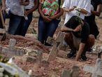 BRA01. RIO DE JANEIRO (BRASIL), 06/04/21.- Una mujer víctima de la COVID-19 es sepultada hoy en un cementerio de Río de Janeiro. Brasil registró 4.195 muertes asociadas a la covid-19 en las últimas 24 horas, nuevo máximo diario, y acumula 336.947 fallecidos desde el inicio de la pandemia hace poco más de un año, informaron este martes fuentes oficiales. EFE/Antonio Lacerda