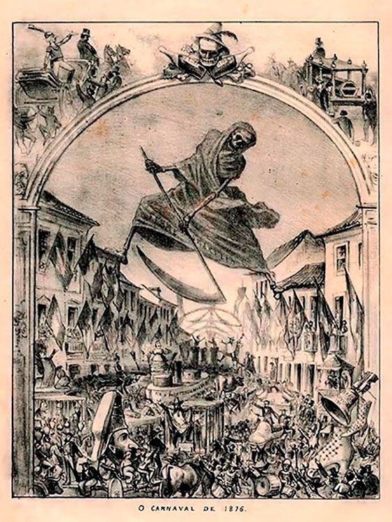 Charge de Angelo Agostini, na Revista Ilustrada, mostra febre amarela atacando foliões do Rio de Janeiro no Carnaval de 1876.