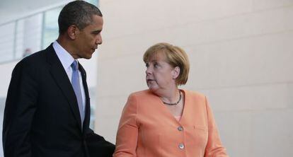 Barack Obama e Angela Merkel em junho de 2013 em Berlim.