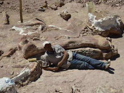 O paleontólogo José Luis Carballido, com o fêmur que descobriu.