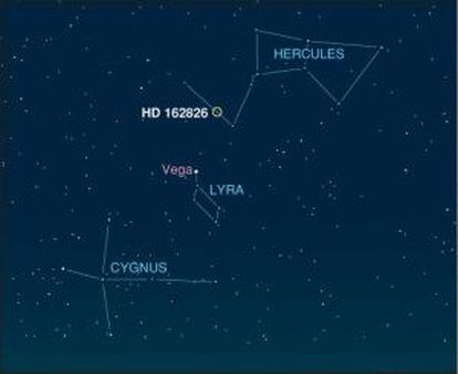 Localização no céu da estrela HD 162826, irmã do Sol.