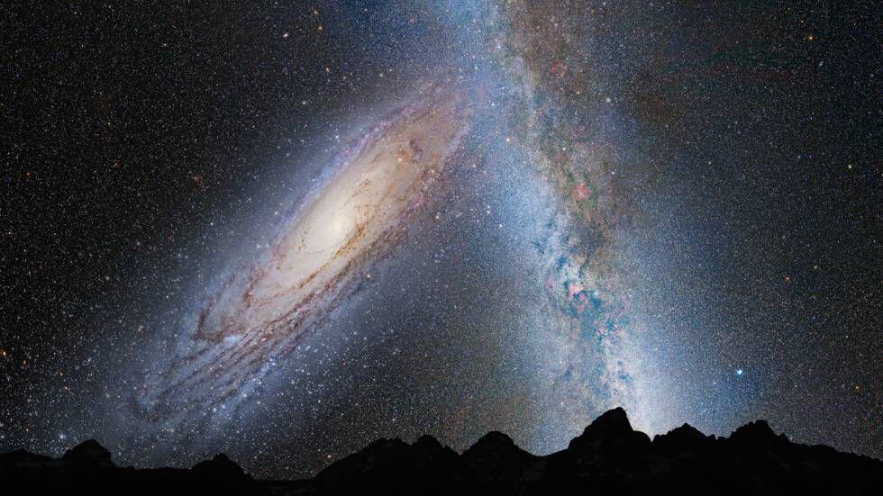 Representação do céu noturno da Terra dentro de 3,7 bilhões de anos, com a galáxia de Andrômeda, à esquerda, e a Via Láctea.