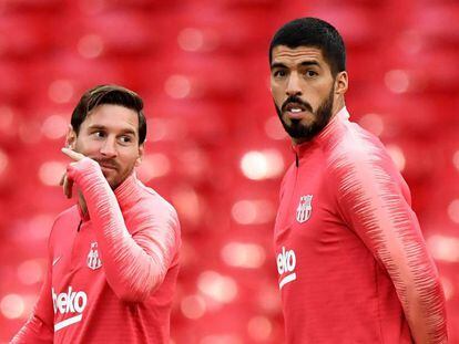 Messi e Suárez em treinamento antes da partida contra o Tottenham.