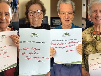 Casa de repouso exibe mensagens de idosos impedidos de receber visitas por causa do coronavírus.