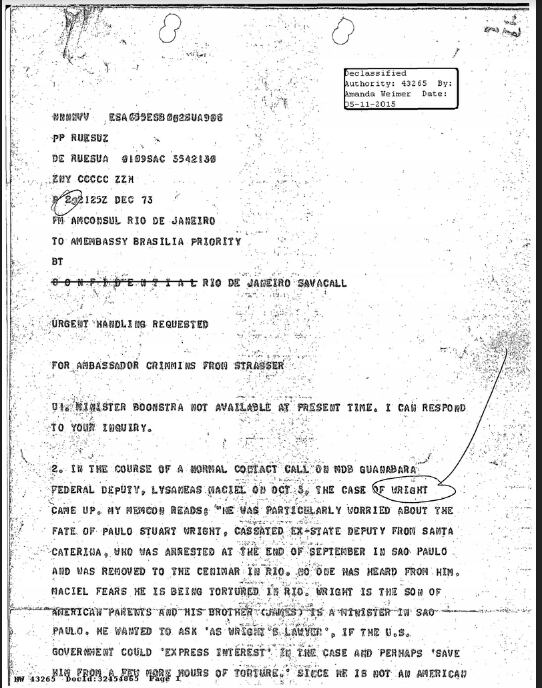 Documento escrito pelo vice-cônsul dos EUA no Rio de Janeiro, Daniel Anton Strasser, sobre Stuart Wright. 