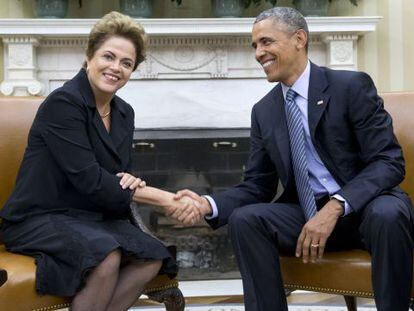 Dilma e Obama no Sal&atilde;o Oval da Casa Branca, nesta ter&ccedil;a. 