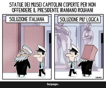 “Estátua dos Museus Capitolinos coberta para não ofender o presidente do Irã, Rohani. Solução italiana. Solução mais lógica”.