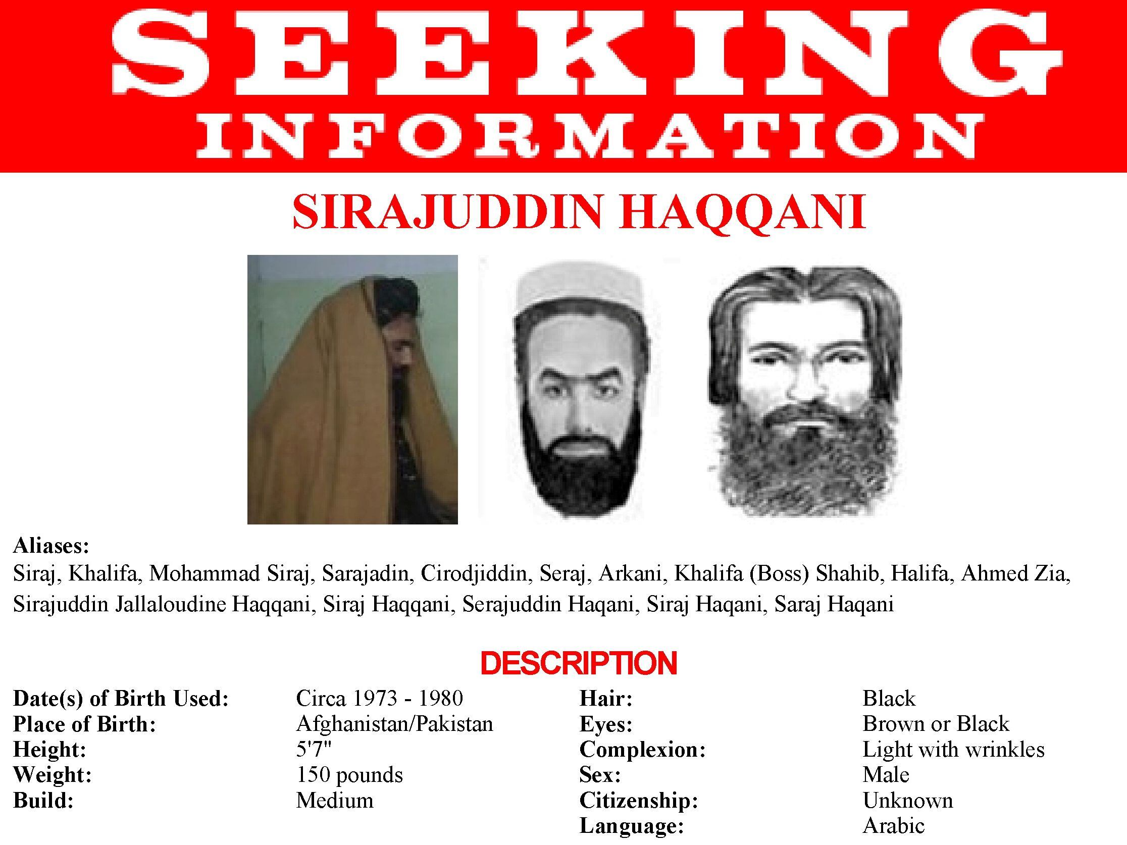 Cartaz do FBI com fotos sem data de Sirajuddin Haqqani.