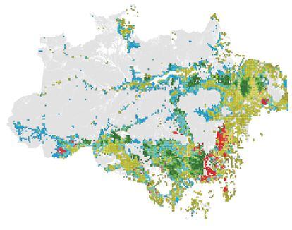 Área degradada da floresta amazônica. Cada cor corresponde a um fator degradante. Verde: desmatamento. Vermelho: incêndios. Azul: efeito-limite. Amarelo: fragmentação florestal. O tom indica a intensidade da perturbação. 
