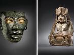 A la izquierda, máscara del dios Quetzalcóatl y a la derecha, estatua de la diosa mexica Cihuatéotl.