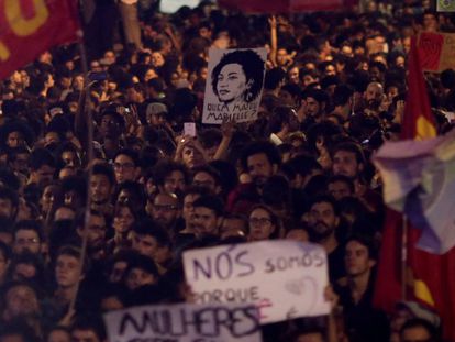 Uma manifestação contra o assassinato de Marielle Franco no Rio de Janeiro.