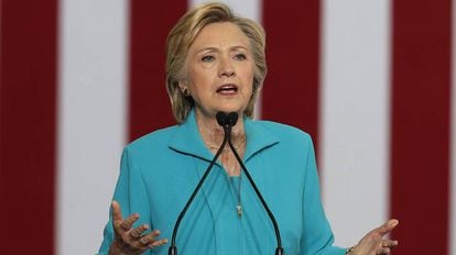 Hillary Clinton durante um discurso de campanha em 25 de agosto.