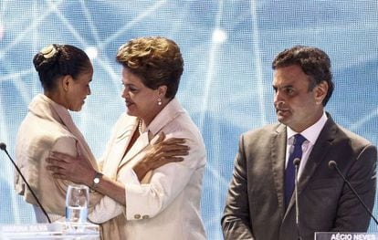 Marina, Dilma e Aécio, os três principais candidatos no debate.