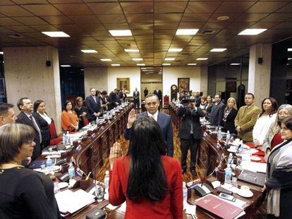 O presidente do Supremo venezuelano, Maikel José Moreno tomando posse de seu cargo em fevereiro