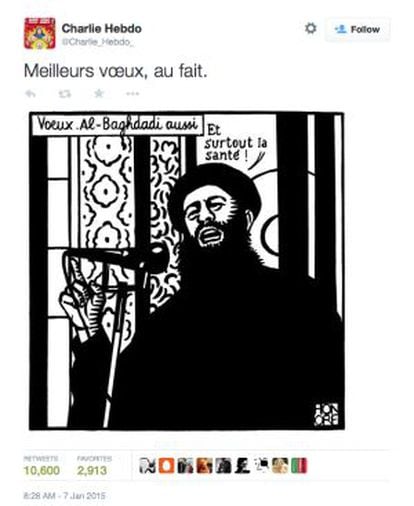 O último tuíte da revista é uma caricatura do Estado Islâmico.