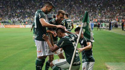 Palmeirenses comemoram gol contra o Fluminense, na 35ª rodada.