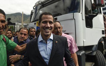 Juan Guaidó em uma manifestação de caminhoneiros nesta quinta-feira.