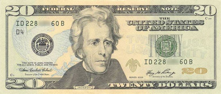 Nota de 20 dólares com a efígie de Andrew Jackson.