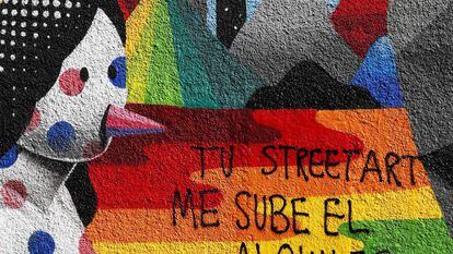 “Sua ‘street art’ sobe o meu aluguel”, diz a pichação sobre um grafite de Okuda na rua Embajadores, em Madri.