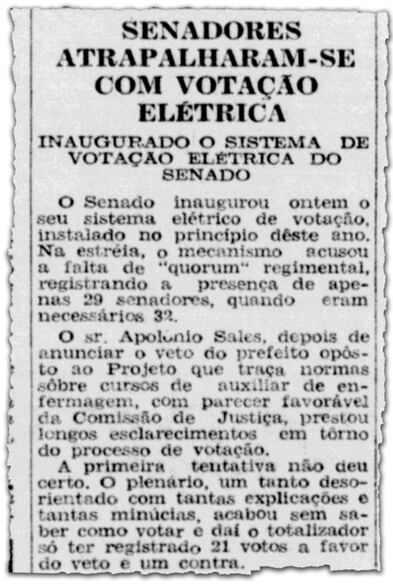 Jornal Tribuna da Imprensa noticia dificuldades dos senadores com o novo sistema elétrico de votação em 1958