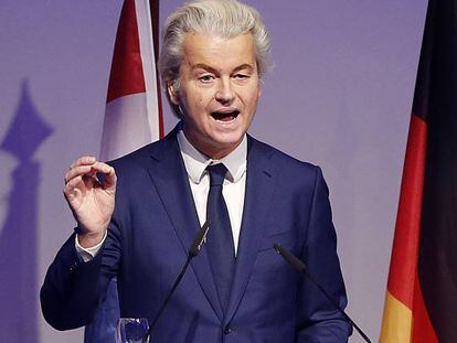 O candidato islamofóbico Geert Wilders, empatado com os liberais de direita nas pesquisas, durante evento em Koblenz (Alemanha), em 21 de janeiro.