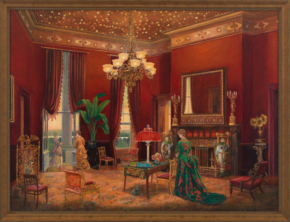 O Salão Vermelho na época de Lincoln, pintado pelo artista contemporâneo Peter Waddell.