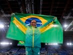 Rebeca Andrade of Brazil, celebrates after winning the gold medal on the vault during the artistic gymnastics women's apparatus final at the 2020 Summer Olympics, Sunday, Aug. 1, 2021, in Tokyo, Japan. (AP Photo/Natacha Pisarenko)