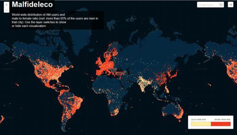 Mapa interactivo que mostra os usuários de Ashley Madison por cidades.