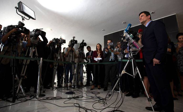 O ministro Moro em entrevista no Palácio do Planalto.